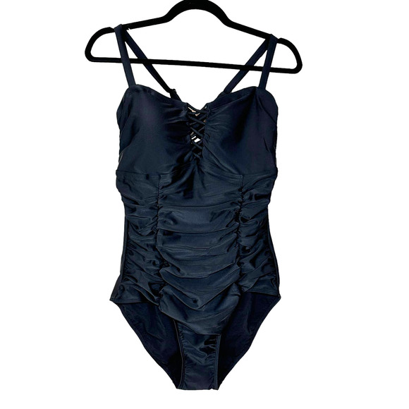 Torrid Lattice Ruched Front One Piece Swimsuit Black Plus Size 5X NWT - Picture 2 of 13